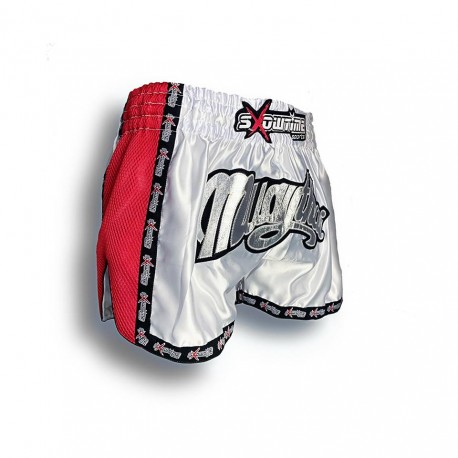 K-1 Thaiboxing Short in Satin "Mesh" in Weiß/Rot